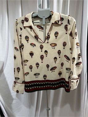 Zara Cream Hot-Air Balloon Print Button-Down Blouse with Red Trim